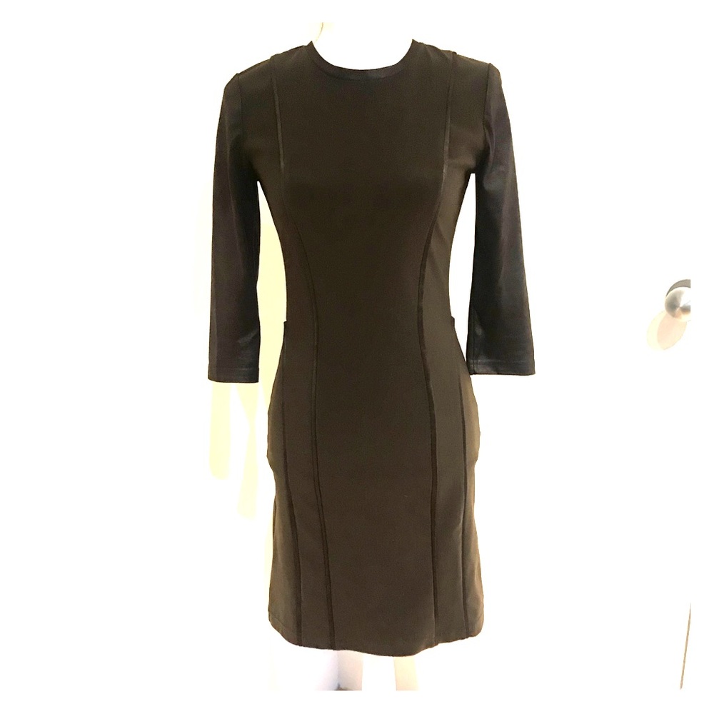 Olive green fitted dress with leather like detail